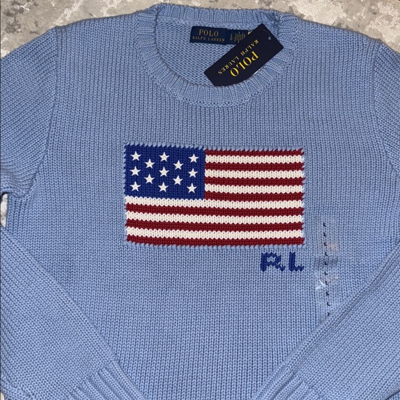 NWT Ralph Lauren Women's Light Blue American Flag Sweater - Picture 3 of 4